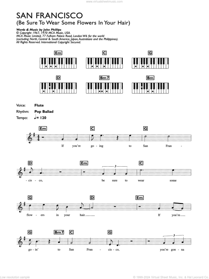 San Francisco (Be Sure To Wear Some Flowers In Your Hair), (intermediate) (Be Sure To Wear Some Flowers In Your Hair) sheet music for piano solo (chords, lyrics, melody) by Scott McKenzie and John Phillips, intermediate piano (chords, lyrics, melody)