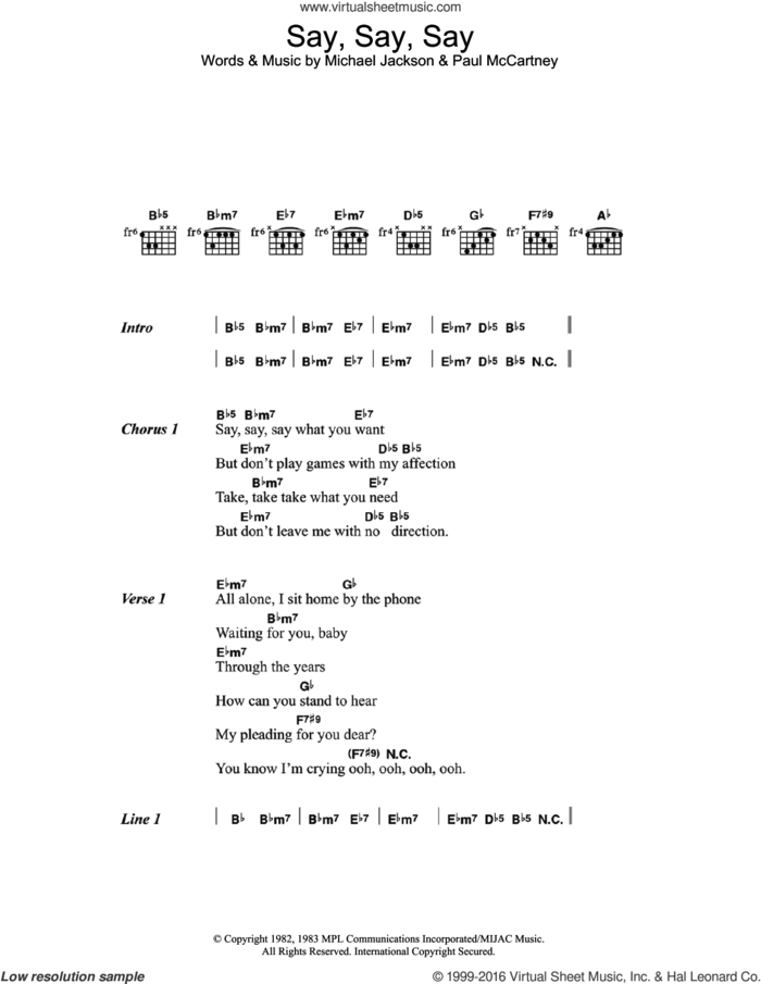 Say Say Say sheet music for guitar (chords) by Paul McCartney and Michael Jackson, intermediate skill level