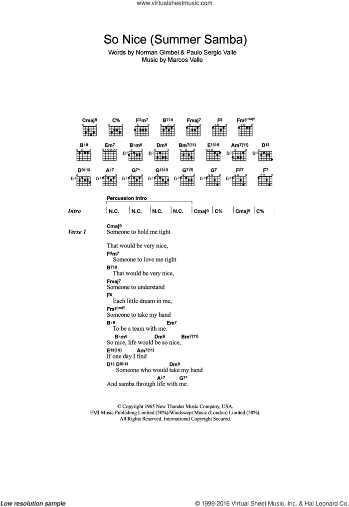 So Nice (Summer Samba) sheet music for guitar (chords) by Astrud Gilberto, Bebel Gilberto, Marcos Valle, Norman Gimbel and Paulo Sergio Valle, intermediate skill level