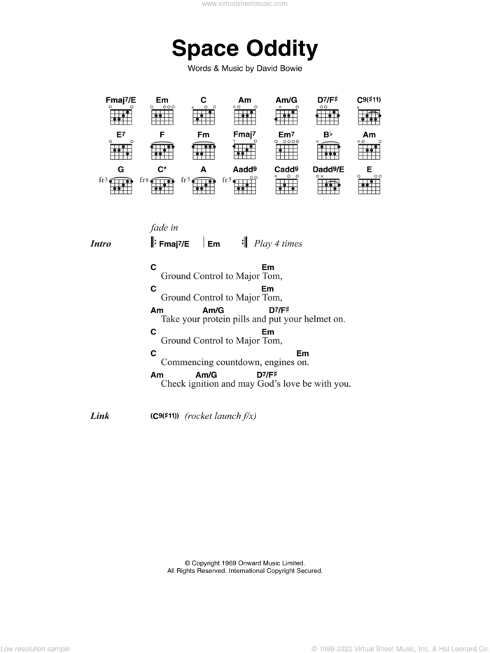 Space Oddity sheet music for guitar (chords) by David Bowie, intermediate skill level