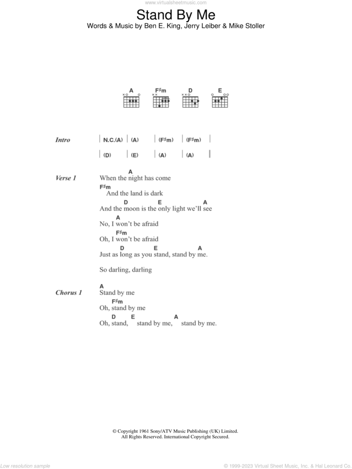Stand By Me sheet music for guitar (chords) by Ben E. King, Jerry Leiber and Mike Stoller, intermediate skill level