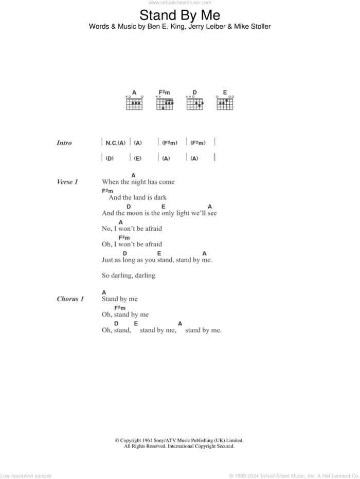 Stand By Me sheet music for guitar (chords) by Ben E. King, Jerry Leiber and Mike Stoller, intermediate skill level