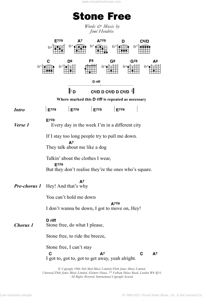 Stone Free sheet music for guitar (chords) by The Jimi Hendrix Experience and Jimi Hendrix, intermediate skill level