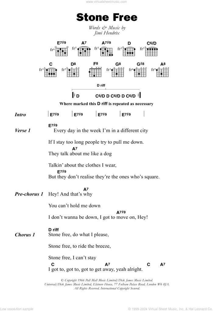 Stone Free sheet music for guitar (chords) by The Jimi Hendrix Experience and Jimi Hendrix, intermediate skill level