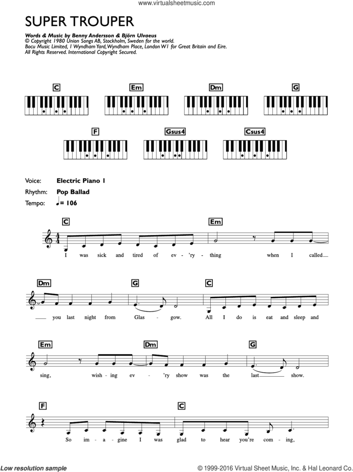 Super Trouper sheet music for piano solo (chords, lyrics, melody) by ABBA, Benny Andersson and Bjorn Ulvaeus, intermediate piano (chords, lyrics, melody)