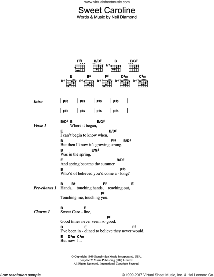 Sweet Caroline sheet music for guitar (chords) by Neil Diamond, intermediate skill level