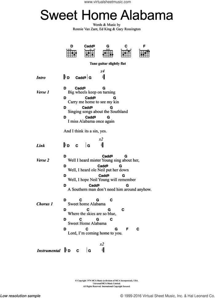 Sweet Home Alabama sheet music for guitar (chords) by Lynyrd Skynyrd, Lynard Skynard, Edward King, Gary Rossington and Ronnie Van Zant, intermediate skill level