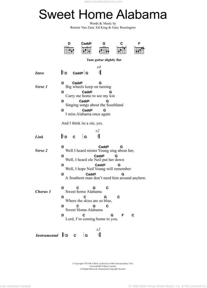 Sweet Home Alabama sheet music for guitar (chords) by Lynyrd Skynyrd, Lynard Skynard, Edward King, Gary Rossington and Ronnie Van Zant, intermediate skill level