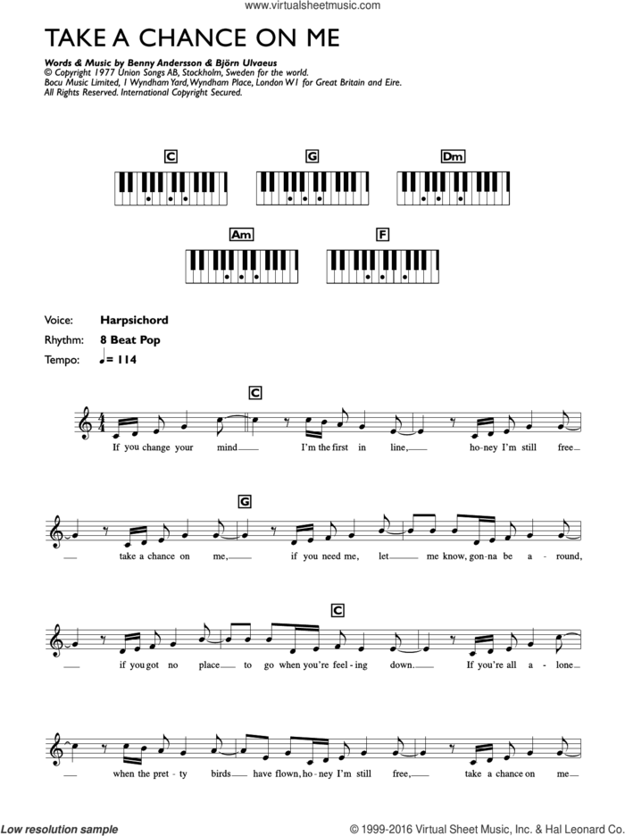 Take A Chance On Me sheet music for piano solo (chords, lyrics, melody) by ABBA, Benny Andersson and Bjorn Ulvaeus, intermediate piano (chords, lyrics, melody)