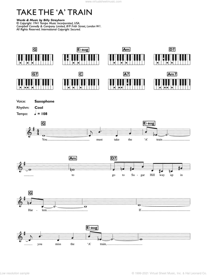 Take The 'A' Train sheet music for piano solo (chords, lyrics, melody) by Duke Ellington and Billy Strayhorn, intermediate piano (chords, lyrics, melody)