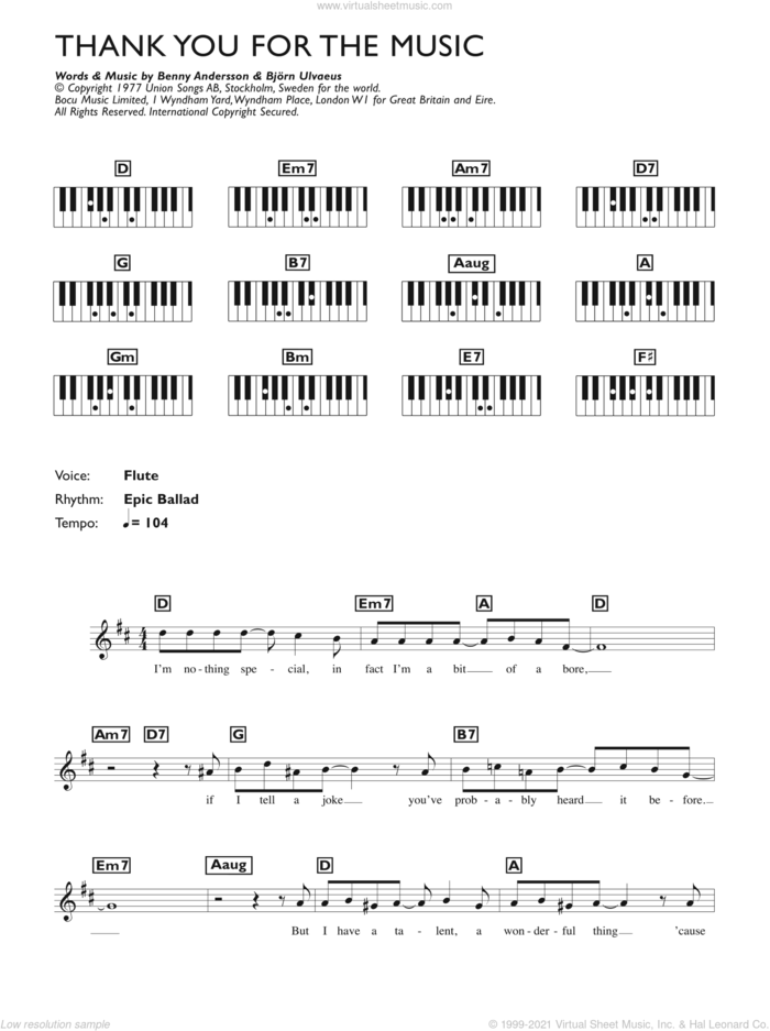 Thank You For The Music sheet music for piano solo (chords, lyrics, melody) by ABBA, Benny Andersson and Bjorn Ulvaeus, intermediate piano (chords, lyrics, melody)