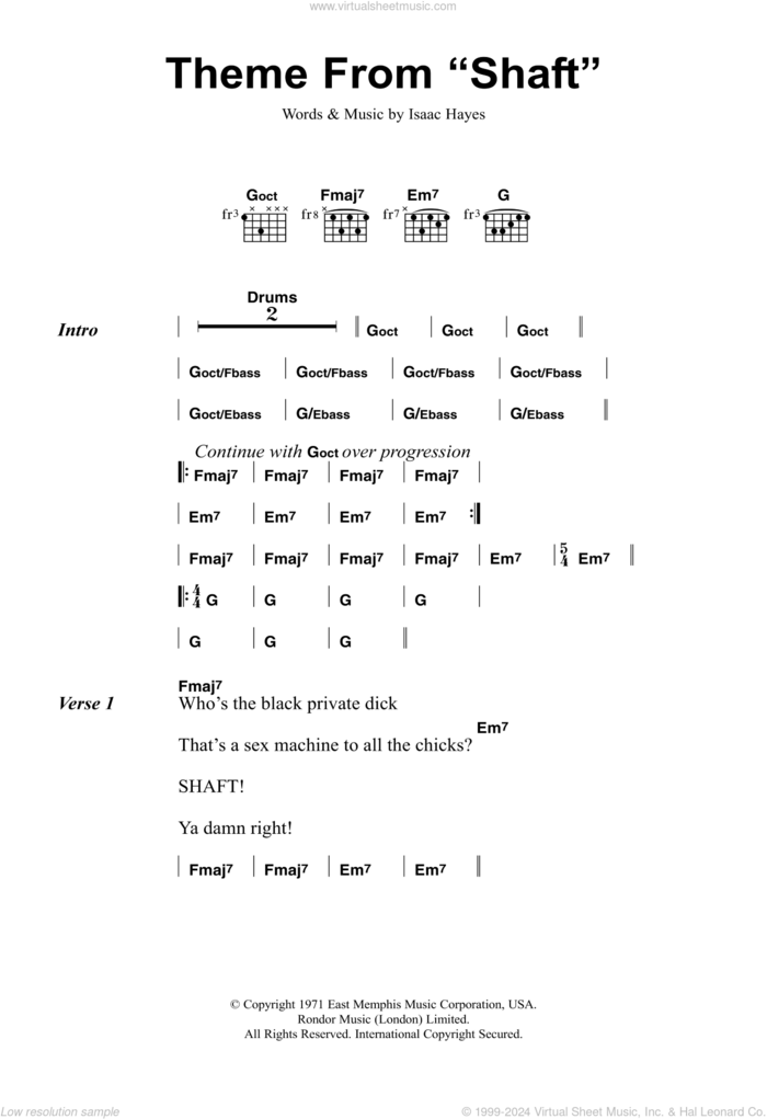 Theme From Shaft sheet music for guitar (chords) by Isaac Hayes, intermediate skill level