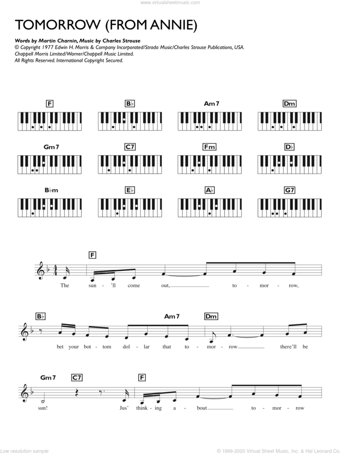 Tomorrow (from Annie) sheet music for piano solo (chords, lyrics, melody) by Charles Strouse and Martin Charnin, intermediate piano (chords, lyrics, melody)