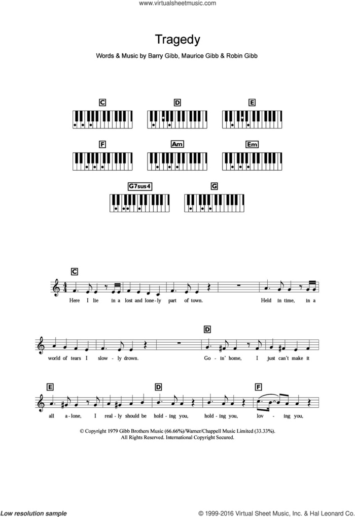 Tragedy sheet music for piano solo (chords, lyrics, melody) by Bee Gees, Steps, Barry Gibb, Maurice Gibb and Robin Gibb, intermediate piano (chords, lyrics, melody)