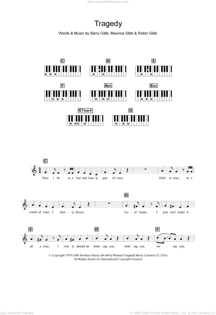 Tragedy sheet music for piano solo (chords, lyrics, melody) by Bee Gees, Steps, Barry Gibb, Maurice Gibb and Robin Gibb, intermediate piano (chords, lyrics, melody)