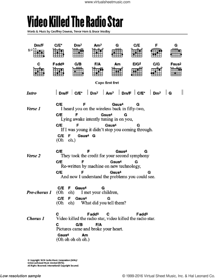 Video Killed The Radio Star sheet music for guitar (chords) by Geoff Downes, The Buggles, Bruce Woolley and Trevor Horn, intermediate skill level