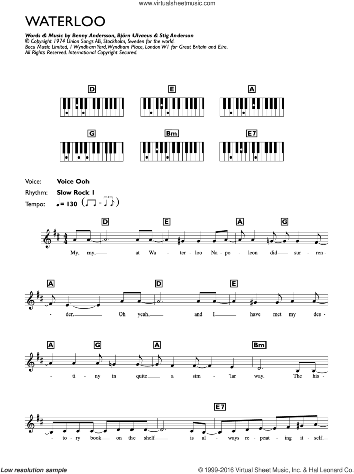 Waterloo sheet music for piano solo (chords, lyrics, melody) by ABBA, Benny Andersson, Bjorn Ulvaeus and Stig Anderson, intermediate piano (chords, lyrics, melody)