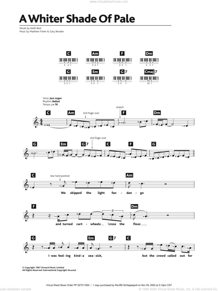 A Whiter Shade Of Pale sheet music for piano solo (chords, lyrics, melody) by Procol Harum, Annie Lennox, Gary Brooker, Keith Reid and Matthew Fisher, wedding score, intermediate piano (chords, lyrics, melody)