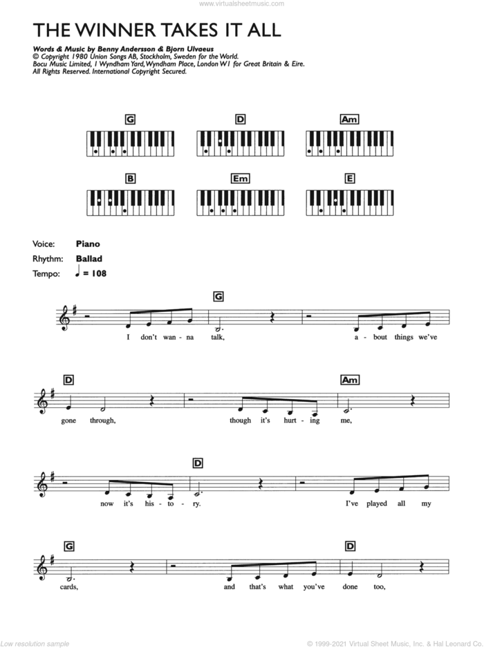 The Winner Takes It All sheet music for piano solo (chords, lyrics, melody) by ABBA, Benny Andersson and Bjorn Ulvaeus, intermediate piano (chords, lyrics, melody)