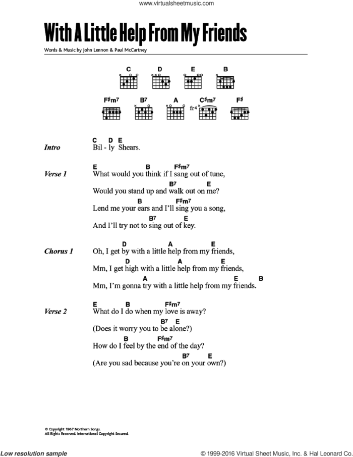 With A Little Help From My Friends sheet music for guitar (chords) by The Beatles, John Lennon and Paul McCartney, intermediate skill level