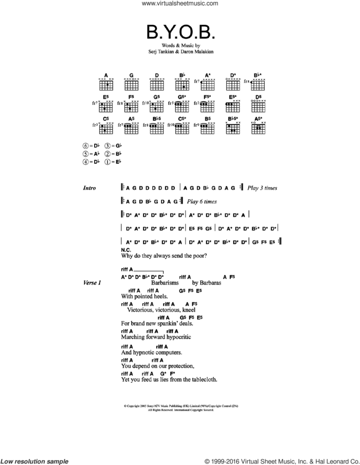 B.Y.O.B. sheet music for guitar (chords) by System Of A Down, Daron Malakian and Serj Tankian, intermediate skill level