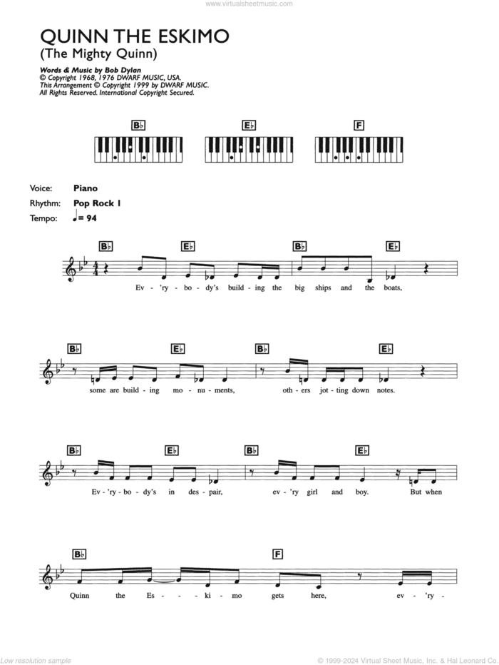 Quinn The Eskimo (The Mighty Quinn) sheet music for piano solo (chords, lyrics, melody) by Bob Dylan, Bob Dylan/Manfred Mann and Manfred Mann, intermediate piano (chords, lyrics, melody)