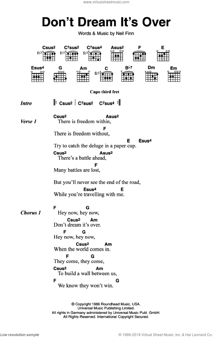 Don't Dream It's Over sheet music for guitar (chords) by Crowded House and Neil Finn, intermediate skill level