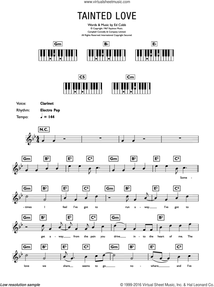 Tainted Love sheet music for piano solo (chords, lyrics, melody) by Soft Cell and Ed Cobb, intermediate piano (chords, lyrics, melody)