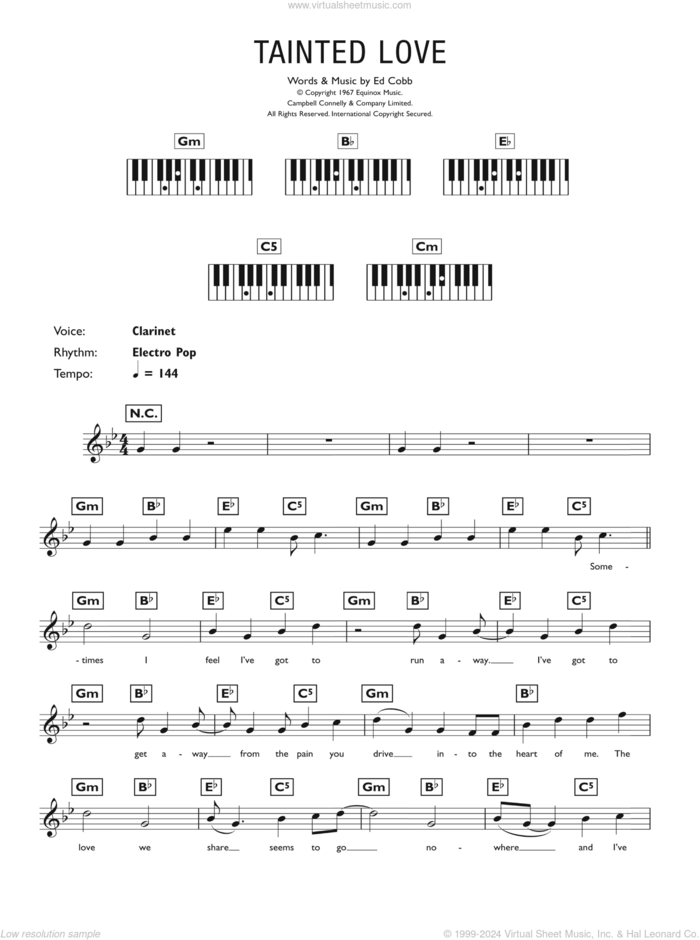 Tainted Love sheet music for piano solo (chords, lyrics, melody) by Soft Cell and Ed Cobb, intermediate piano (chords, lyrics, melody)