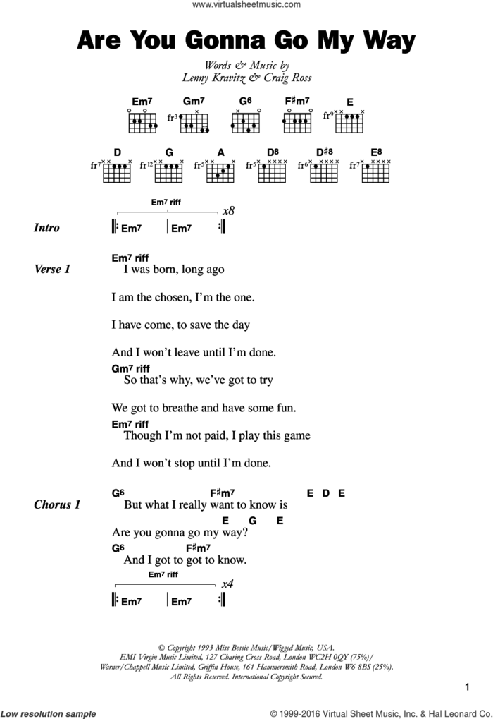 Are You Gonna Go My Way sheet music for guitar (chords) by Lenny Kravitz and Craig Ross, intermediate skill level
