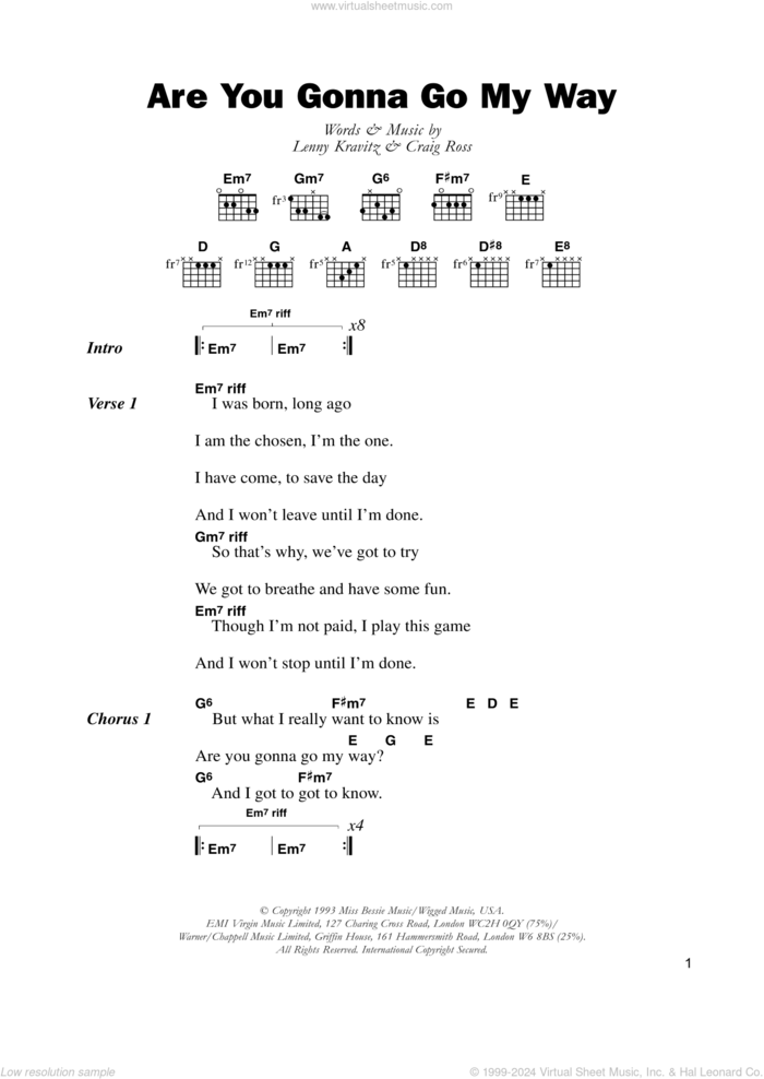 Are You Gonna Go My Way sheet music for guitar (chords) by Lenny Kravitz and Craig Ross, intermediate skill level