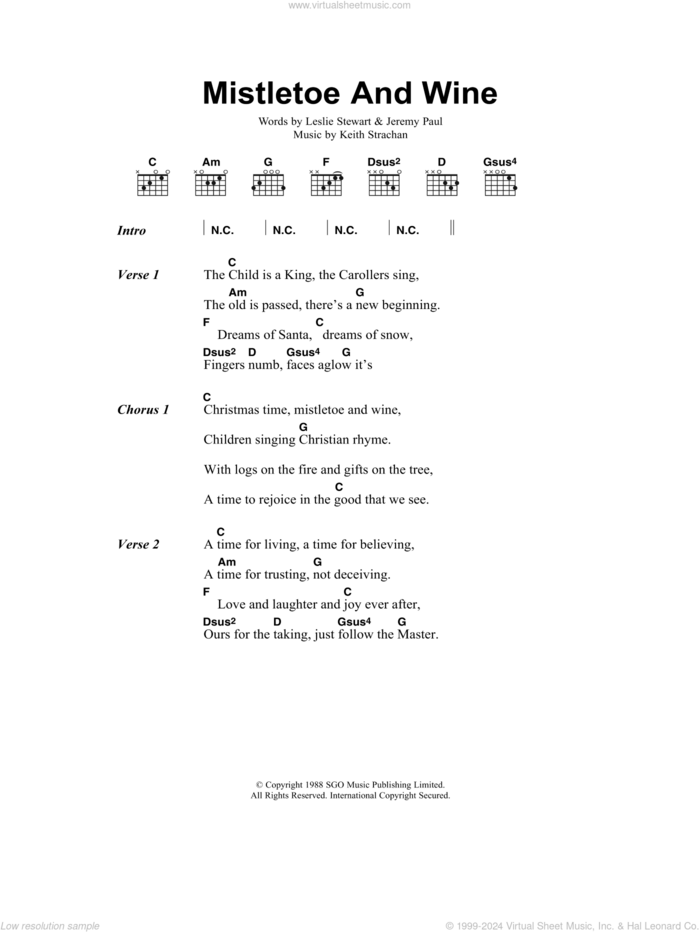 Mistletoe And Wine sheet music for guitar (chords) by Cliff Richard, Jeremy Paul, Keith Strachan and Leslie Stewart, intermediate skill level