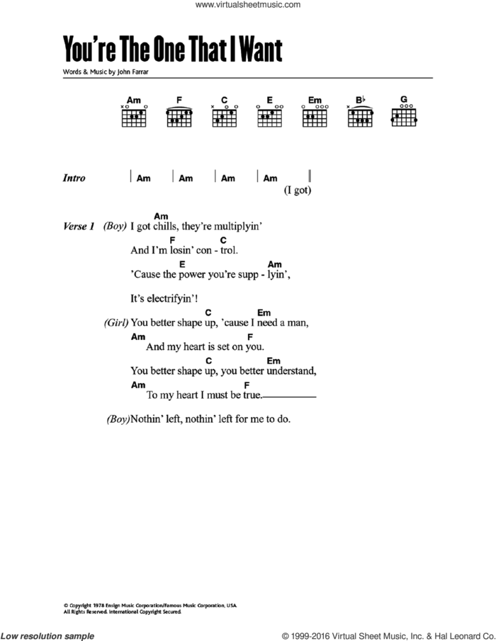 You're The One That I Want (from Grease) sheet music for guitar (chords) by John Travolta, Olivia Newton-John and John Farrar, intermediate skill level