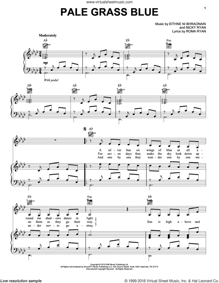 Pale Grass Blue sheet music for voice, piano or guitar by Enya, Eithne Ni Bhraonain, Nicky Ryan and Roma Ryan, intermediate skill level