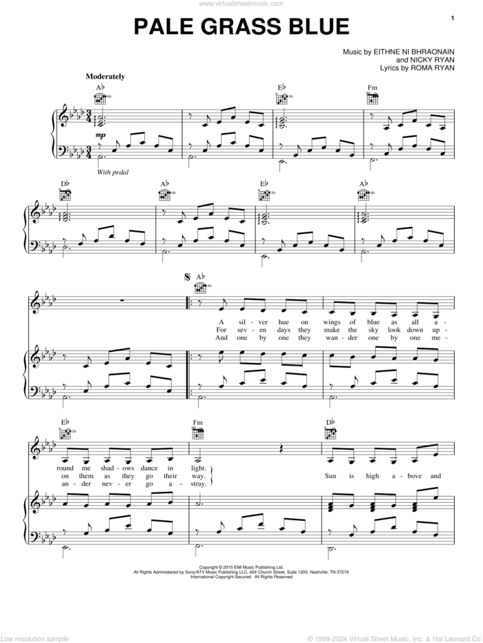 Pale Grass Blue sheet music for voice, piano or guitar by Enya, Eithne Ni Bhraonain, Nicky Ryan and Roma Ryan, intermediate skill level