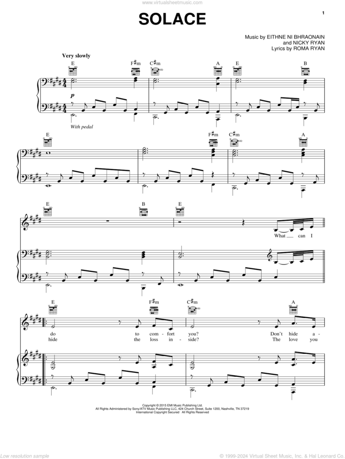 Solace sheet music for voice, piano or guitar by Enya, Eithne Ni Bhraonain, Nicky Ryan and Roma Ryan, intermediate skill level