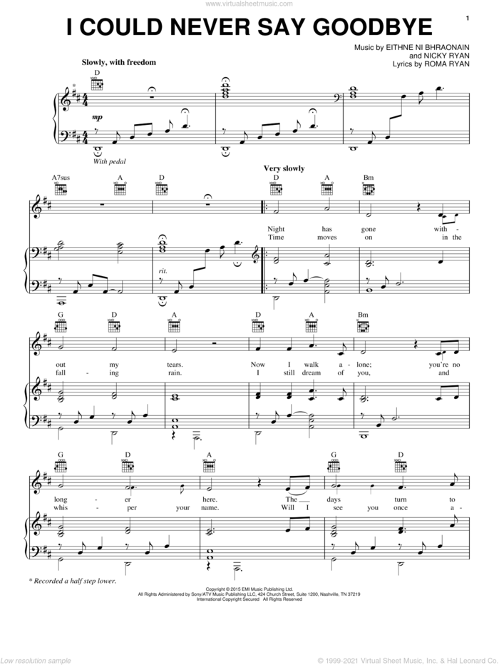 I Could Never Say Goodbye sheet music for voice, piano or guitar by Enya, Eithne Ni Bhraonain, Nicky Ryan and Roma Ryan, intermediate skill level