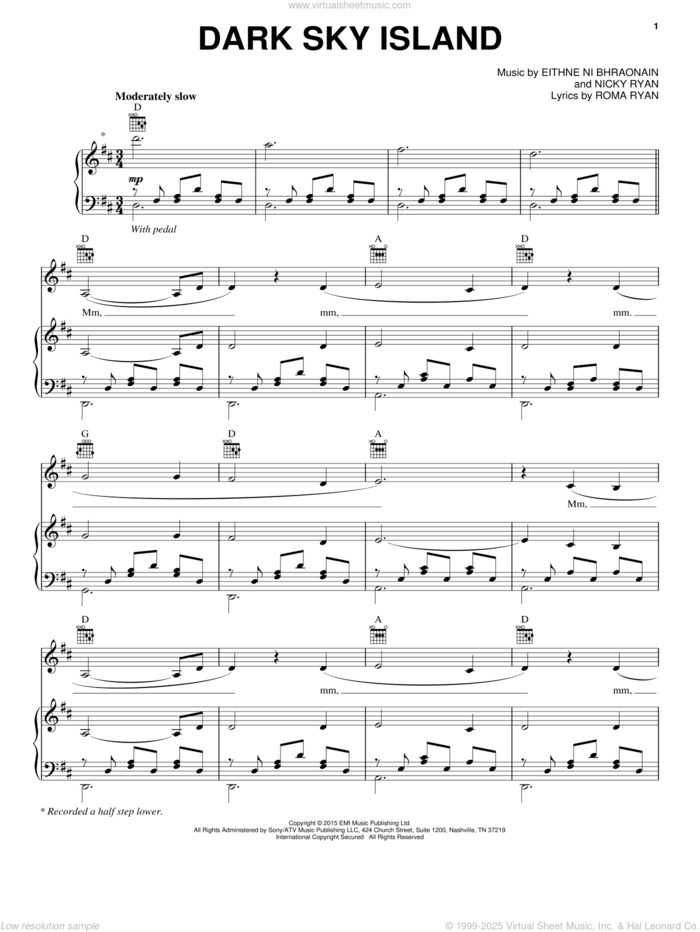 Dark Sky Island sheet music for voice, piano or guitar by Enya, Eithne Ni Bhraonain, Nicky Ryan and Roma Ryan, intermediate skill level