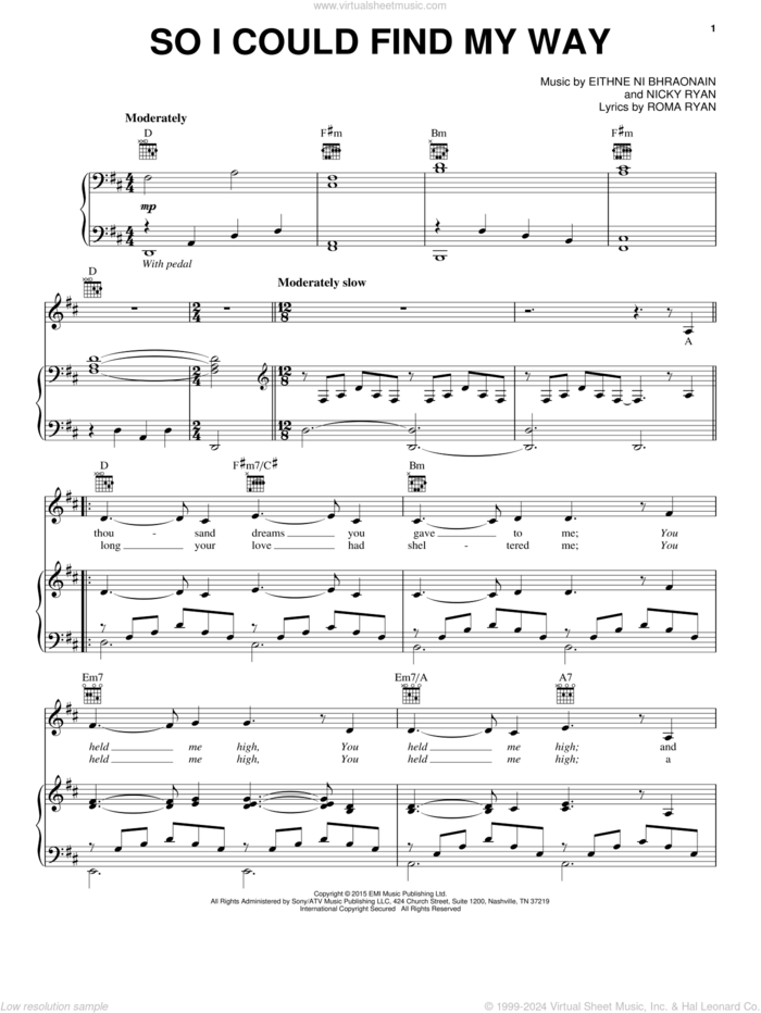 So I Could Find My Way sheet music for voice, piano or guitar by Enya, Eithne Ni Bhraonain, Nicky Ryan and Roma Ryan, intermediate skill level