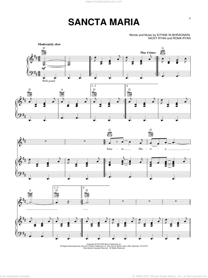 Sancta Maria sheet music for voice, piano or guitar by Enya, Eithne Ni Bhraonain, Nicky Ryan and Roma Ryan, intermediate skill level
