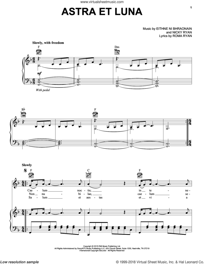 Astra Et Luna sheet music for voice, piano or guitar by Enya, Eithne Ni Bhraonain, Nicky Ryan and Roma Ryan, intermediate skill level