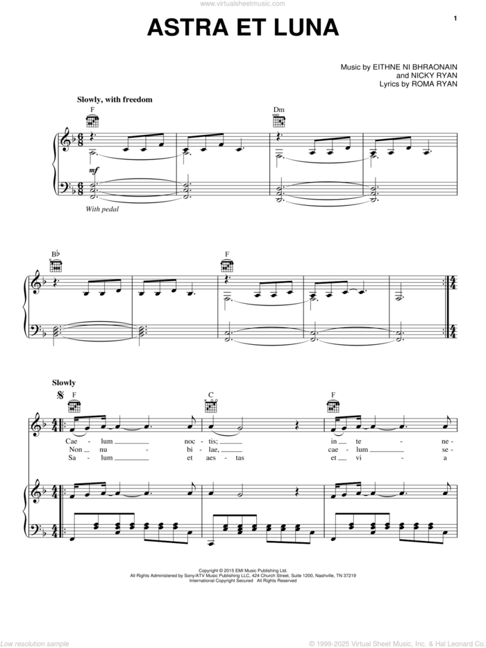 Astra Et Luna sheet music for voice, piano or guitar by Enya, Eithne Ni Bhraonain, Nicky Ryan and Roma Ryan, intermediate skill level