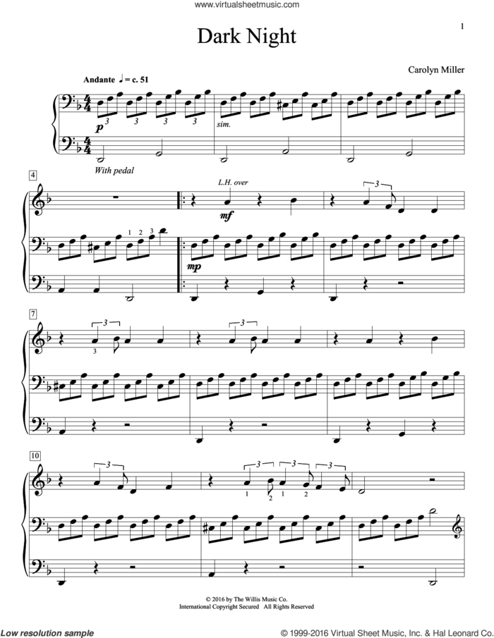 Dark Night sheet music for piano solo (elementary) by Carolyn Miller, beginner piano (elementary)