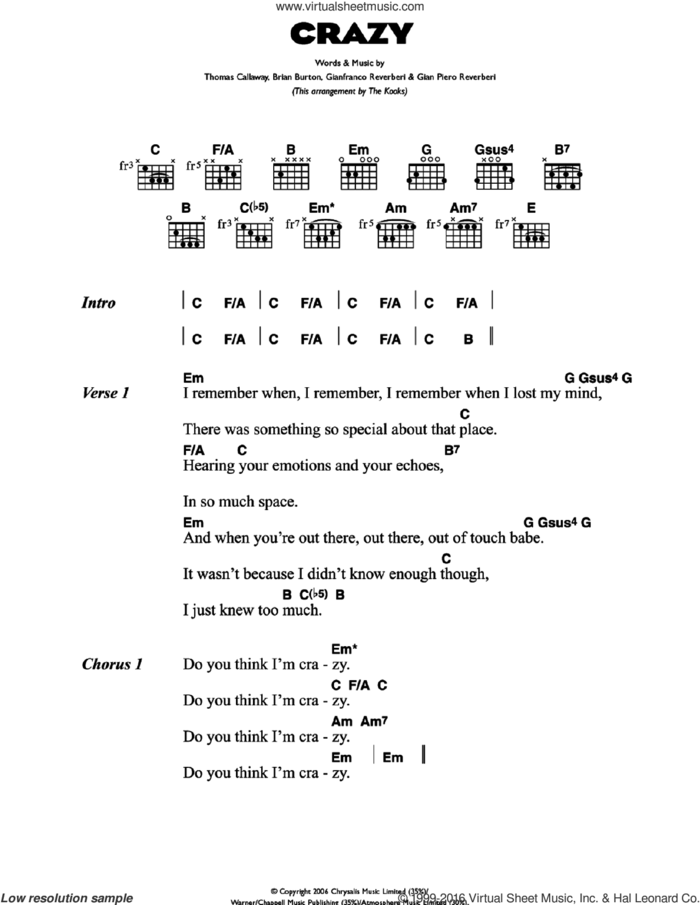 Crazy sheet music for guitar (chords) by Gnarls Barkley, The Kooks, Brian Burton, Gian Piero Reverberi, Gianfranco Reverberi and Thomas Callaway, intermediate skill level