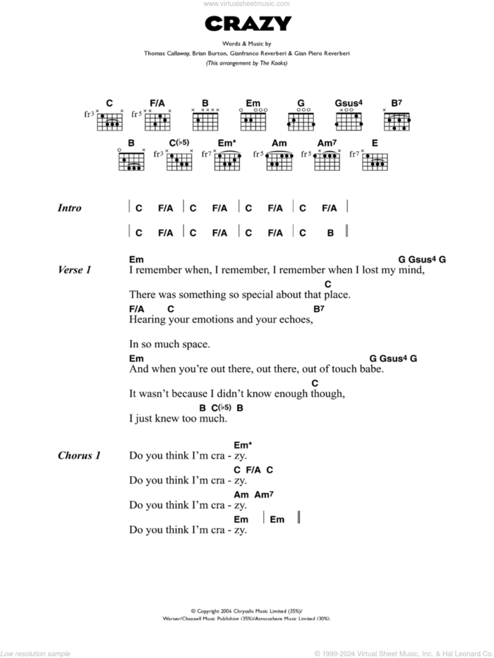 Crazy sheet music for guitar (chords) by Gnarls Barkley, The Kooks, Brian Burton, Gian Piero Reverberi, Gianfranco Reverberi and Thomas Callaway, intermediate skill level