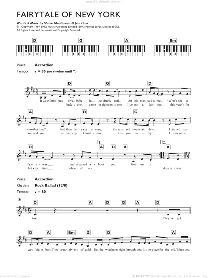 Fairytale Of New York sheet music for piano solo (chords, lyrics, melody) by The Pogues, Kirsty MacColl, The Pogues & Kirsty MacColl, Jem Finer and Shane MacGowan, intermediate piano (chords, lyrics, melody)