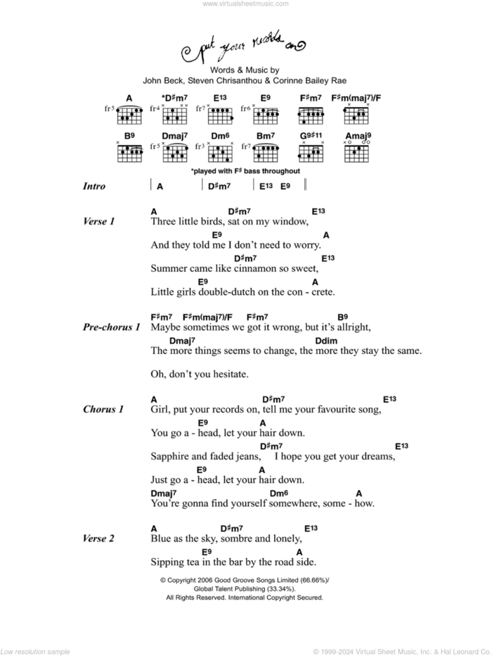 Put Your Records On sheet music for guitar (chords) by Corinne Bailey Rae, John Beck and Steven Chrisanthou, intermediate skill level