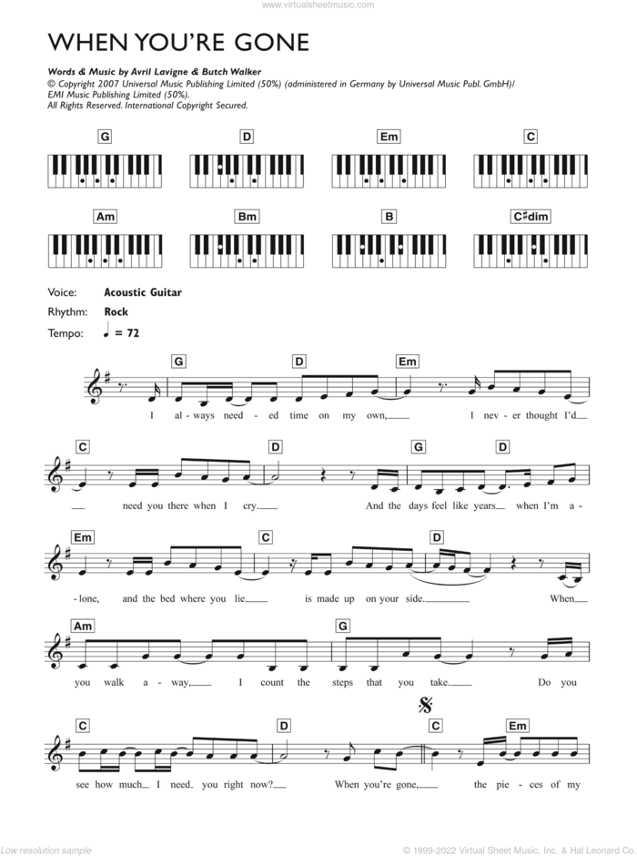 When You're Gone sheet music for piano solo (chords, lyrics, melody) by Avril Lavigne and Butch Walker, intermediate piano (chords, lyrics, melody)