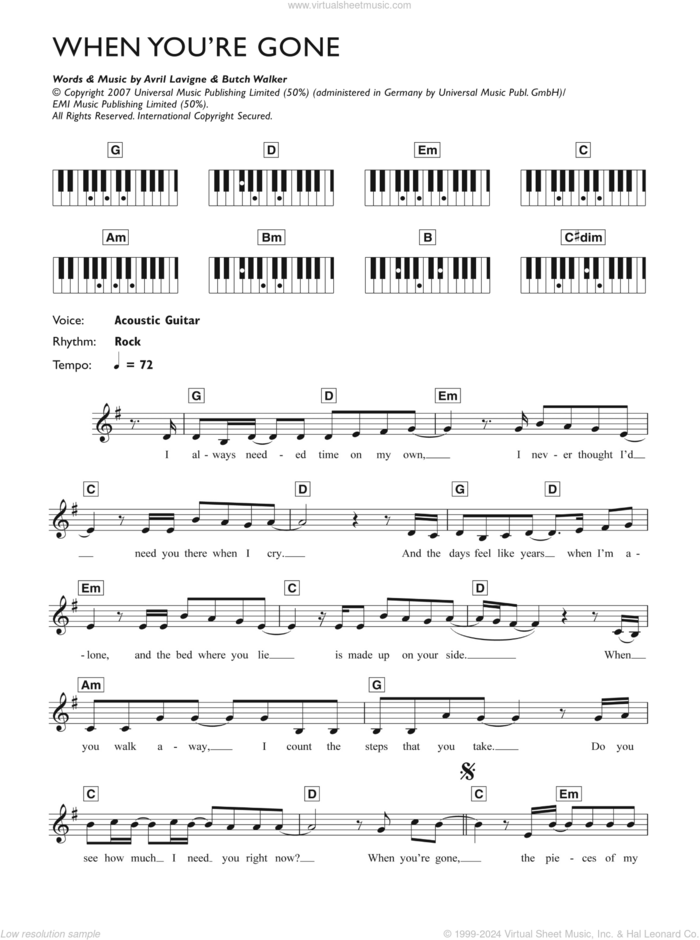 When You're Gone sheet music for piano solo (chords, lyrics, melody) by Avril Lavigne and Butch Walker, intermediate piano (chords, lyrics, melody)