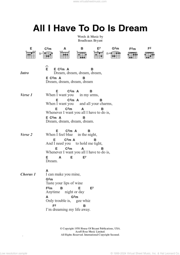 All I Have To Do Is Dream sheet music for guitar (chords) by The Everly Brothers and Boudleaux Bryant, intermediate skill level